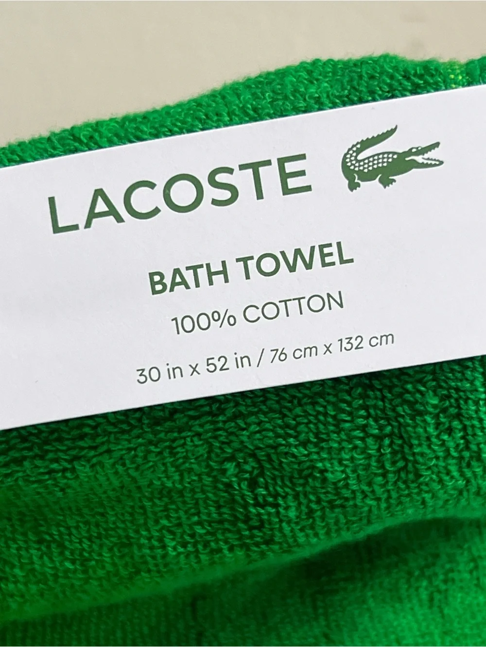 Lacoste Bright Green Cotton Bath Towel 30in X 52in NEW!!